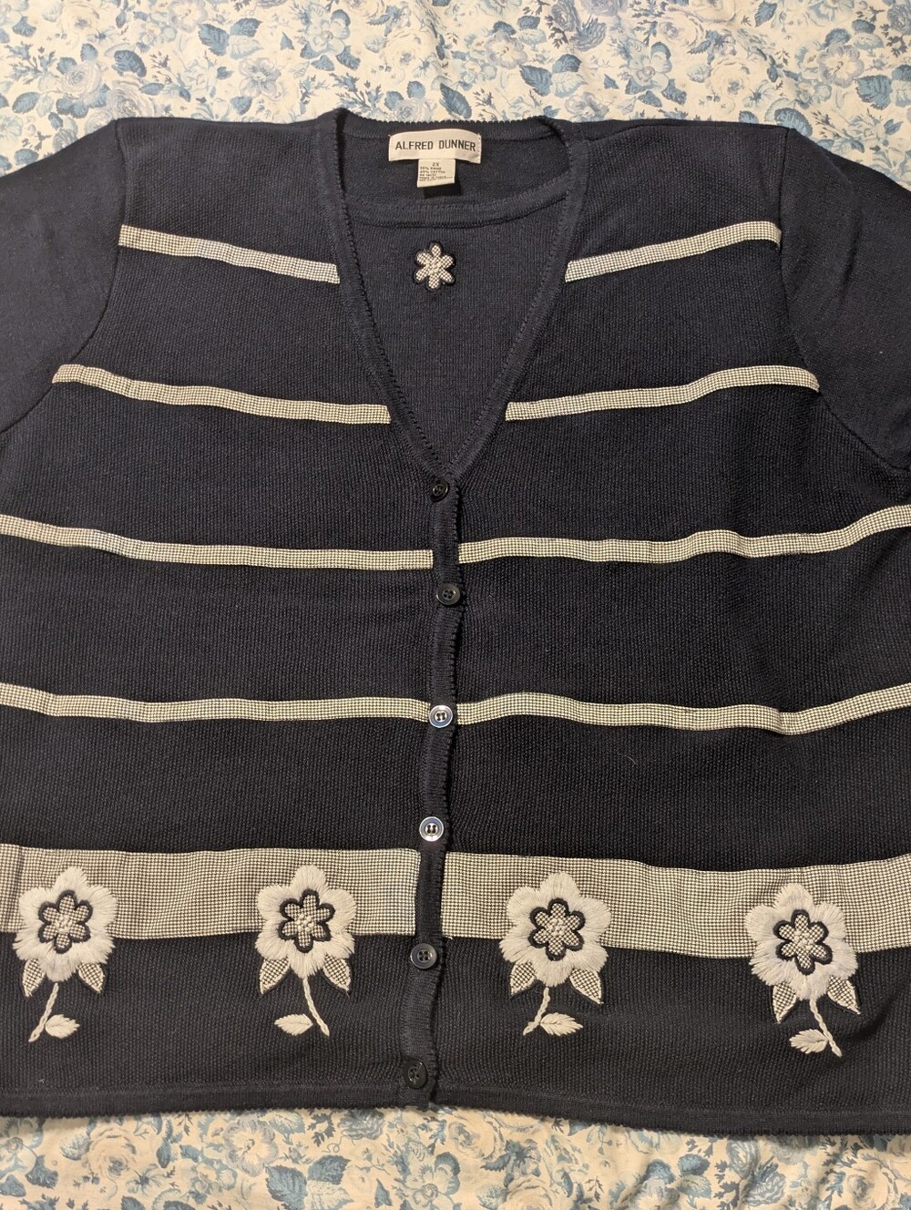 Alfred Dunner Navy Sort Sleeve Cardigan with White Floral Trim